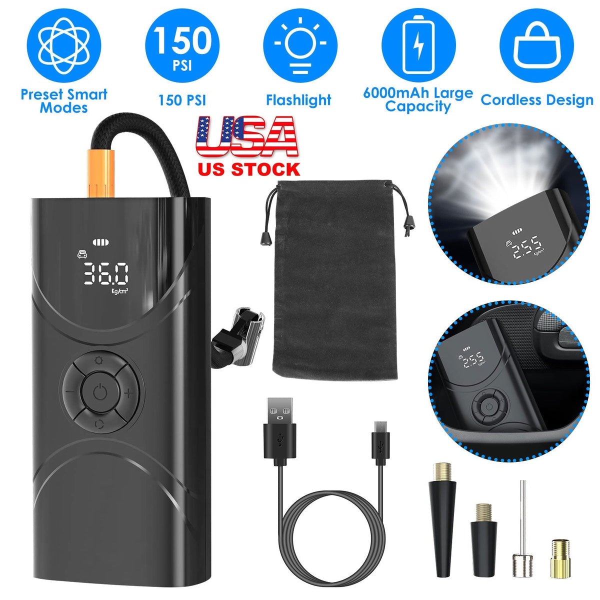 Car Tire Inflator Pump Portable Car Air Compressor 6000mAh Wireless Electric Air Pump 150 PSI with LED Light